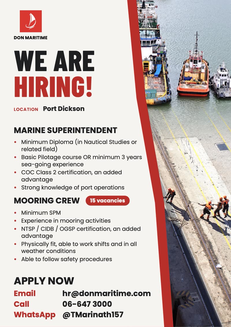 Don Maritime hiring brochure: Marine Superintendent and Mooring Crew, Port Dickson